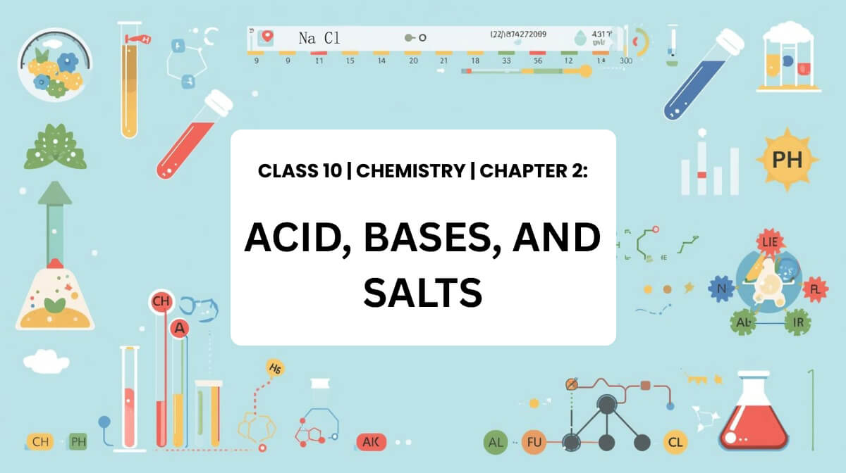 Class 10 Chemistry Chapter 2 illustration showing acids, bases, pH scale, and laboratory indicators.
