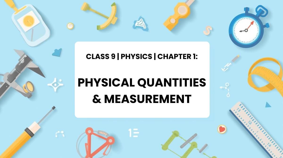 Physical quantities and measurement tools illustration for Class 9 Physics MCQs with central blank box